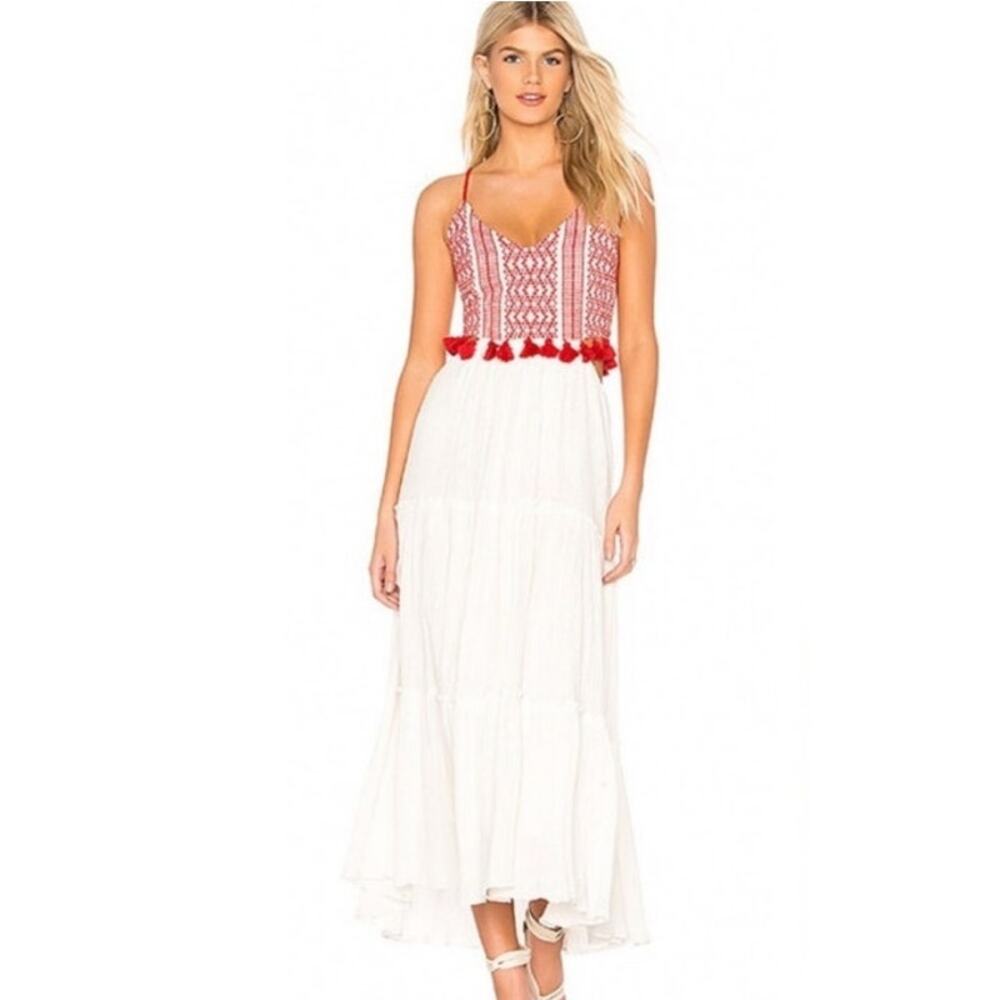 SAYLOR Flynn Cut Out Tassel Trim‎ Maxi Dress Red Cream Size Small